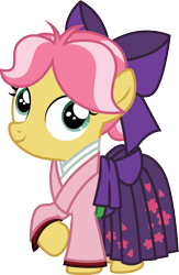 Size: 784x1200 | Tagged: safe, artist:cloudyglow, character:kettle corn, species:pony, cardcaptor sakura, clothing, dress, female, filly, foal, hakama, kimono (clothing), simple background, solo, transparent background