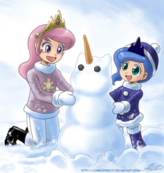 Size: 1000x1054 | Tagged: safe, artist:johnjoseco, character:princess celestia, character:princess luna, species:human, g4, cute, cutelestia, duo, duo female, female, happy, humanized, lunabetes, mittens, pink-mane celestia, smiling, snow, snowman, woona, younger