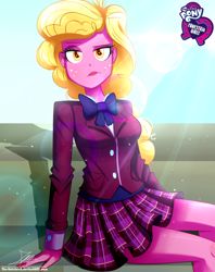 Size: 920x1160 | Tagged: safe, artist:the-butch-x, part of a set, my little pony:equestria girls, background human, butch's hello, clothing, crystal prep academy uniform, equestria girls logo, female, freckles, hello x, legs, looking at you, plaid skirt, pleated skirt, raised eyebrow, school uniform, sitting, skirt, solo, taffy shade, thighs, unimpressed