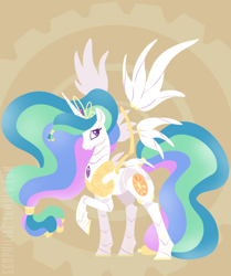 Size: 820x983 | Tagged: safe, artist:egophiliac, character:princess celestia, species:alicorn, species:pony, abstract background, alternate hairstyle, colored pupils, cute, cutelestia, female, floating wings, jewelry, looking back, mare, pose, raised hoof, robot, robot pony, smiling, solo, spread wings, tiara, wings