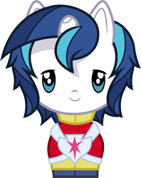 Size: 3000x3789 | Tagged: safe, artist:cloudyglow, character:shining armor, species:pony, species:unicorn, chibi, clothing, cute, cutie mark crew, high res, lidded eyes, looking at you, male, shining adorable, simple background, smiling, solo, stallion, toy, transparent background