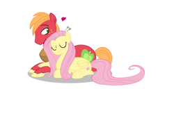 Size: 1936x1296 | Tagged: safe, artist:egophiliac, edit, character:big mcintosh, character:fluttershy, species:pony, ship:fluttermac, color edit, colored, colored pupils, eyes closed, female, floating heart, heart, male, mare, ponyloaf, prone, shipping, simple background, stallion, straight, white background