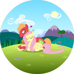 Size: 2048x2048 | Tagged: safe, artist:egophiliac, edit, character:big mcintosh, character:fluttershy, species:earth pony, species:pegasus, species:pony, ship:fluttermac, color edit, colored, colored pupils, eyes closed, female, floating heart, heart, male, mare, ponyloaf, prone, shipping, simple background, stallion, straight, transparent background