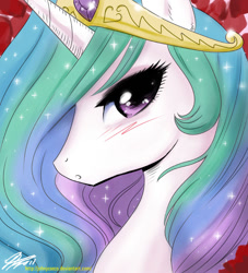 Size: 800x883 | Tagged: safe, artist:johnjoseco, character:princess celestia, species:alicorn, species:pony, g4, :o, bedroom eyes, blushing, bust, female, looking at you, manga style, mare, photoshop, portrait, pretty, profile, solo, sparkles
