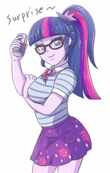 Size: 1865x2937 | Tagged: safe, artist:sumin6301, character:twilight sparkle, character:twilight sparkle (scitwi), species:eqg human, g4, my little pony: equestria girls, my little pony:equestria girls, clothing, energy drink, female, geode of telekinesis, glasses, looking at you, magical geodes, red bull, simple background, skirt, smiling, solo, white background