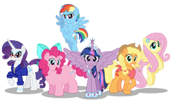 Size: 6000x3548 | Tagged: safe, artist:aleximusprime, character:applejack, character:fluttershy, character:pinkie pie, character:rainbow dash, character:rarity, character:twilight sparkle, character:twilight sparkle (alicorn), species:alicorn, species:earth pony, species:pegasus, species:pony, species:unicorn, bandana, bow, braid, chubbie pie, chubby, clothing, cute, fat, female, flower, freckles, future, glasses, group, long hair, mane six, mare, older, plump, pudgy pie, short hair, simple background, smiling, transparent background