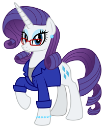 Size: 2425x2970 | Tagged: safe, artist:aleximusprime, character:rarity, species:pony, species:unicorn, beads, bio in description, clothing, ear piercing, earring, fabulous, fashion, fashion designer, female, flurry heart's story, glasses, jacket, jewelry, older, older rarity, piercing, raised hoof, simple background, solo, transparent background