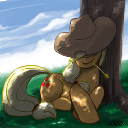 Size: 900x900 | Tagged: safe, artist:johnjoseco, character:applejack, species:earth pony, species:pony, dappled sunlight, female, hat over eyes, mare, prone, resting, smiling, solo, straw, tree