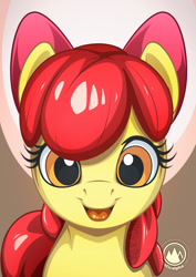 Size: 955x1351 | Tagged: safe, artist:mysticalpha, character:apple bloom, species:earth pony, species:pony, adorabloom, bow, cute, female, filly, hair bow, looking at you, open mouth, smiling, solo