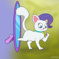 Size: 1000x1000 | Tagged: safe, artist:empyu, character:rarity, episode:the other side, g4, my little pony: equestria girls, my little pony:equestria girls, 30 minute art challenge, alternate scenario, bell, bell collar, cat, cat bell, catified, collar, mirror, raricat, species swap, transformation