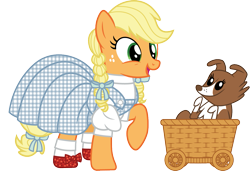 Size: 1169x800 | Tagged: safe, artist:cloudyglow, character:applejack, character:winona, species:dog, species:earth pony, species:pony, basket, border collie, clothing, cosplay, costume, cute, dorothy, duo, duo female, female, jackabetes, mare, simple background, smiling, the wizard of oz, transparent background, unmoving plaid, winonabetes