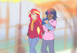 Size: 1215x841 | Tagged: safe, artist:jonfawkes, character:sunset shimmer, character:twilight sparkle, character:twilight sparkle (scitwi), oc, oc:sparkling sapphire, parent:sci-twi, parent:sunset shimmer, parents:scitwishimmer, species:eqg human, series:sciset diary, ship:scitwishimmer, ship:sunsetsparkle, my little pony:equestria girls, ask human octavia, clothing, coat, crossover, female, human coloration, lesbian, magical lesbian spawn, offspring, shipping