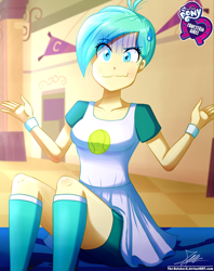 Size: 920x1160 | Tagged: safe, artist:the-butch-x, part of a set, my little pony:equestria girls, background human, ball, blushing, boots, butch's hello, canterlot high, clothing, compression shorts, dress, equestria girls logo, faec, female, hello x, looking at you, shirt, shoes, shorts, shrug, signature, sitting, skirt, solo, sweat, sweatdrop, tennis ball, tennis match, wristband