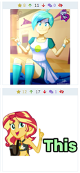 Size: 249x535 | Tagged: safe, artist:the-butch-x, edit, edited screencap, part of a set, screencap, character:sunset shimmer, derpibooru, my little pony:equestria girls, background human, ball, blushing, boots, bracelet, butch's hello, canterlot high, clothing, compression shorts, dress, equestria girls logo, faec, female, hello x, jewelry, juxtaposition, looking at you, lowres, meta, pointing, shirt, shoes, shorts, shrug, signature, sitting, skirt, sweat, sweatdrop, swimsuit, tennis ball, tennis match, wristband