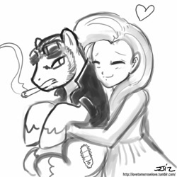 Size: 850x850 | Tagged: safe, artist:johnjoseco, character:fluttershy, species:earth pony, species:human, species:pony, annoyed, cigarette, crossover, duo, female, grayscale, heart, holding a pony, humanized, jack cayman, madworld, male, monochrome, ponified, smoking, stallion