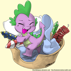 Size: 900x900 | Tagged: safe, artist:johnjoseco, character:spike, species:dragon, g4, adobe imageready, basket, blanket, cute, eyes closed, fireworks, male, pillow, simple background, solo, spikabetes