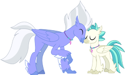 Size: 4982x3000 | Tagged: safe, artist:cloudyglow, character:sky beak, character:terramar, species:classical hippogriff, species:hippogriff, episode:surf and/or turf, g4, my little pony: friendship is magic, .ai available, bonding, duo, eyes closed, father and son, jewelry, like father like son, male, necklace, nuzzling, simple background, smiling, terramaww, transparent background, vector