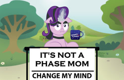 Size: 1024x662 | Tagged: safe, artist:aleximusprime, edit, character:starlight glimmer, species:pony, species:unicorn, blatant lies, change my mind, coffee mug, crossing the memes, edgelight glimmer, female, goth, i mean i see, it's not a phase, mare, meme, mug, solo