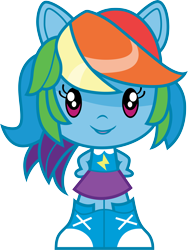 Size: 3000x3989 | Tagged: safe, artist:cloudyglow, part of a set, character:rainbow dash, g4, my little pony: equestria girls, my little pony:equestria girls, boots, chibi, clothing, cute, cutie mark crew, female, looking at you, open mouth, ponied up, shoes, simple background, skirt, solo, toy, transparent background, vector