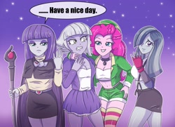 Size: 4096x2970 | Tagged: safe, artist:sumin6301, character:limestone pie, character:marble pie, character:maud pie, character:pinkie pie, my little pony:equestria girls, annoyed, belly button, choker, clothing, cosplay, costume, cute, equestria girls-ified, female, final fantasy, final fantasy vii, grin, halloween, hat, holiday, hug, jacket, looking at you, midriff, miniskirt, one of these things is not like the others, pie sisters, shorts, siblings, sisters, skirt, slayers, smiling, socks, striped socks, suspenders, thigh highs, thighs, tifa lockhart, xellos