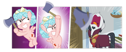 Size: 1200x500 | Tagged: safe, artist:dm29, character:chancellor neighsay, character:cozy glow, species:pegasus, species:pony, species:unicorn, episode:school raze, g4, my little pony: friendship is magic, axe, clothing, comic, cozy glow is best facemaker, crazy glow, evil grin, facial hair, female, filly, floppy ears, flying, foal, frown, glare, goatee, grin, halloween, hatchet, here's johnny, holiday, hoof hold, insanity, jack torrance, male, nightmare night, no tail, open mouth, scared, screaming, simple background, smiling, smirk, spread wings, stallion, the shining, tongue out, transparent background, uvula, weapon, wings