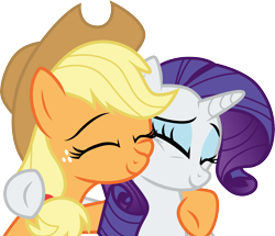Size: 3486x3000 | Tagged: safe, artist:cloudyglow, character:applejack, character:rarity, species:earth pony, species:pony, species:unicorn, episode:best gift ever, g4, my little pony: friendship is magic, best friends, clothing, female, freckles, hat, hug, mare, shipping fuel, smiling, vector