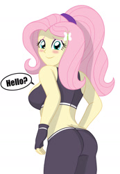 Size: 1292x1867 | Tagged: safe, artist:sumin6301, character:fluttershy, my little pony:equestria girls, adorasexy, ass, blushing, breasts, busty fluttershy, clothing, cute, dialogue, female, fingerless gloves, flutterbutt, gloves, looking at you, looking back, looking back at you, midriff, pants, sexy, shyabetes, sideboob, smiling, solo, speech bubble, sports bra, sports outfit, yoga pants