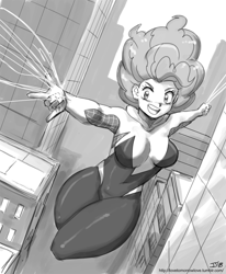 Size: 1000x1214 | Tagged: dead source, safe, artist:johnjoseco, commissioner:imperfectxiii, character:pinkie pie, species:human, g4, clothing, costume, female, grayscale, gwen stacy, humanized, marvel, monochrome, solo, spider-gwen, spider-man