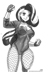 Size: 1000x1667 | Tagged: safe, artist:johnjoseco, character:starlight glimmer, species:human, black canary, breasts, clothing, costume, cutie mark on human, female, fishnet pantyhose, gloves, grayscale, humanized, jacket, leotard, monochrome, sketch, smiling, solo