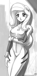 Size: 955x1920 | Tagged: safe, artist:johnjoseco, character:fluttershy, species:human, anime, clothing, cosplay, costume, female, grayscale, halloween, halloween costume, humanized, monochrome, neon genesis evangelion, plugsuit, rei ayanami, sketch, solo