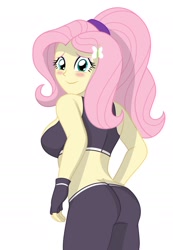 Size: 1292x1867 | Tagged: safe, artist:sumin6301, edit, character:fluttershy, my little pony:equestria girls, adorasexy, ass, breasts, busty fluttershy, buttcrack, clothing, cute, female, fingerless gloves, flutterbutt, gloves, looking back, midriff, pants, sexy, shyabetes, sideboob, smiling, solo, sports bra, sports outfit, stupid sexy fluttershy, yoga pants