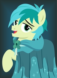 Size: 1085x1500 | Tagged: safe, artist:cloudyglow, part of a set, character:sandbar, species:earth pony, species:pony, season 8, cloak, clothing, clover the clever's cloak, hooves, lidded eyes, lineless, male, open mouth, raised hoof, solo, stallion