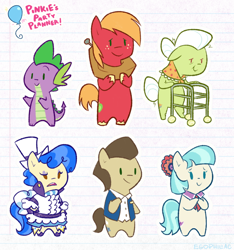 Size: 872x931 | Tagged: safe, artist:egophiliac, character:big mcintosh, character:coco pommel, character:doctor whooves, character:granny smith, character:sapphire shores, character:spike, character:time turner, species:dragon, species:earth pony, species:pony, bipedal, chibi, clothing, female, freckles, hat, hooves together, lined paper, male, mare, raised eyebrow, smiling, stallion, top hat, unshorn fetlocks, walker