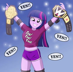 Size: 2001x1971 | Tagged: safe, artist:sumin6301, character:twilight sparkle, my little pony:equestria girls, championship belt, clothing, daniel bryan, female, grin, shorts, smiling, solo, sports, wrestling, wwe, yes, yes yes yes