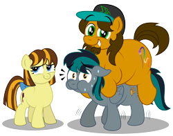 Size: 4875x3850 | Tagged: safe, artist:aleximusprime, oc, oc:alex the chubby pony, oc:blackgryph0n, species:earth pony, species:pegasus, species:pony, aleximusprime, blackgryph0n, bow, cap, chubby, clothing, female, filly, funny, hat, heavy, holding up, male, michelle creber, ponified, puffy cheeks, recreation, stallion, sweat, tail bow, trio