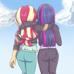 Size: 2952x2952 | Tagged: safe, artist:sumin6301, character:sunset shimmer, character:twilight sparkle, ship:sunsetsparkle, my little pony:equestria girls, ass, away from viewer, bunset shimmer, clothing, female, huhhs, jeans, leather jeans, lesbian, pants, rear view, shipping, twibutt
