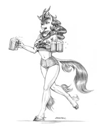 Size: 1000x1309 | Tagged: safe, artist:baron engel, character:autumn blaze, species:anthro, species:kirin, species:unguligrade anthro, episode:sounds of silence, g4, my little pony: friendship is magic, alcohol, beer, belly button, breasts, busty autumn blaze, clothing, female, grayscale, kirin beer, kirin ichiban, midriff, monochrome, mug, pencil drawing, shirt, shorts, simple background, solo, t-shirt, traditional art, white background