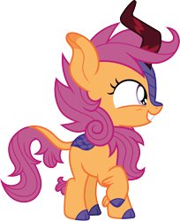 Size: 980x1200 | Tagged: safe, artist:cloudyglow, character:scootaloo, species:kirin, species:pegasus, species:pony, episode:sounds of silence, g4, my little pony: friendship is magic, cloven hooves, colored hooves, cute, cutealoo, female, filly, foal, grin, kirin-ified, kirinbetes, one hoof raised, raised hoof, simple background, smiling, solo, species swap, standing, transparent background