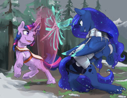 Size: 1280x989 | Tagged: safe, artist:silfoe, character:princess luna, character:twilight sparkle, character:twilight sparkle (unicorn), species:alicorn, species:pony, species:unicorn, royal multiverse, alternate universe, armor, clothing, duo, ethereal fetlocks, ethereal mane, female, galaxy mane, glowing horn, looking at each other, magic, mare, nomad au, sparring, unshorn fetlocks