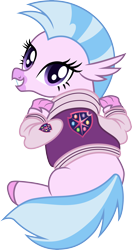 Size: 3000x5669 | Tagged: safe, artist:cloudyglow, character:silverstream, species:classical hippogriff, species:hippogriff, cute, diastreamies, female, letterman jacket, popped collar, simple background, solo, transparent background, varsity jacket, vector