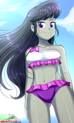 Size: 820x1360 | Tagged: safe, artist:the-butch-x, character:octavia melody, episode:x marks the spot, g4, my little pony: equestria girls, my little pony:equestria girls, adorasexy, attached skirt, belly button, bikini, bikini babe, blushing, bow swimsuit, clothing, commission, crepuscular rays, cute, female, frilled swimsuit, legs, midriff, purple swimsuit, sexy, skirt, smiling, solo, stupid sexy octavia, swimsuit, tavibetes, thighs, tricolor swimsuit, underass, white swimsuit