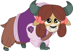 Size: 4227x3000 | Tagged: safe, artist:cloudyglow, character:yona, species:yak, bow, clothing, cloven hooves, cute, female, hair bow, jacket, letterman jacket, monkey swings, simple background, smiling, solo, teenager, transparent background, varsity jacket, vector, yonadorable