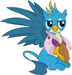 Size: 3000x3101 | Tagged: safe, artist:cloudyglow, character:gallus, species:griffon, american football, male, paws, solo, sports, sports outfit, spread wings, tail, varsity jacket, vector, wings