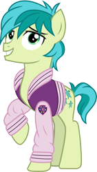 Size: 3000x5307 | Tagged: safe, artist:cloudyglow, character:sandbar, species:earth pony, species:pony, episode:school daze, g4, my little pony: friendship is magic, clothing, jacket, letterman jacket, looking at you, male, simple background, smiling, solo, teenager, transparent background, varsity jacket, vector