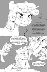 Size: 1280x1978 | Tagged: safe, artist:silfoe, character:princess celestia, character:rarity, character:sweetie belle, species:alicorn, species:pony, species:unicorn, royal sketchbook, ship:rarilestia, blushing, comic, cup, daydream, dialogue, eyes closed, female, filly, gray background, grayscale, kissing, lesbian, mare, monochrome, shipping, simple background, sitting, speech bubble, teacup, thought bubble