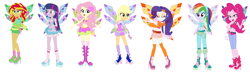 Size: 2140x628 | Tagged: safe, artist:lalobatchika, artist:selenaede, base used, character:applejack, character:fluttershy, character:pinkie pie, character:rainbow dash, character:rarity, character:sunset shimmer, character:twilight sparkle, character:twilight sparkle (alicorn), species:alicorn, species:pony, my little pony:equestria girls, aisha, barely eqg related, believix, bloom (winx club), boots, clothing, crossover, fairies, fairies are magic, fairy, fairy wings, flora (winx club), gloves, headband, high heel boots, high heels, layla, musa, rainbow s.r.l, roxy (winx club), shoes, stella (winx club), tecna, tracix, winged humanization, wings, winx club