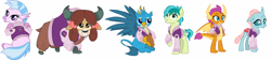 Size: 25184x5664 | Tagged: safe, artist:cloudyglow, character:gallus, character:ocellus, character:sandbar, character:silverstream, character:smolder, character:yona, species:changeling, species:classical hippogriff, species:dragon, species:earth pony, species:griffon, species:hippogriff, species:pony, species:reformed changeling, species:yak, season 8, absurd resolution, bow, clothing, cloven hooves, dragoness, female, football, hair bow, jacket, letterman jacket, male, monkey swings, raised hoof, simple background, sports, student six, teenager, white background