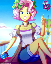 Size: 920x1160 | Tagged: safe, artist:the-butch-x, part of a set, character:vignette valencia, equestria girls:rollercoaster of friendship, g4, my little pony: equestria girls, my little pony:equestria girls, bare shoulders, beauty mark, breasts, busty vignette valencia, butch's hello, cellphone, cleavage, clothing, equestria girls logo, explicit source, female, hello x, legs, looking at you, peace sign, phone, signature, sitting, smartphone, smiling, solo, vignette valencia