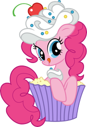 Size: 3000x4379 | Tagged: safe, artist:cloudyglow, character:pinkie pie, species:earth pony, species:pony, .ai available, cherry, cupcake, cute, diapinkes, female, food, frosting, fruit, mare, simple background, solo, sprinkles, tongue out, transparent background, vector