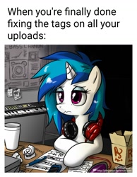 Size: 1080x1393 | Tagged: safe, artist:johnjoseco, edit, editor:apex soundwave, character:dj pon-3, character:vinyl scratch, species:pony, species:unicorn, derpibooru, background pony, ballpoint pen, bass cannon, caption, cellphone, cup, female, headphones, image macro, keyboard, mare, meta, morning ponies, music notes, musical instrument, phone, smartphone, solo, sunglasses, synthesizer, tags, text, tired, traditional art, working